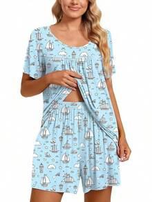 2 Piece Women's Short Sleeve Pajama Sets, Lounge Sleepwear Ladies PJs Sets With Pockets - 02灰藍色-帆船 - 查看 2