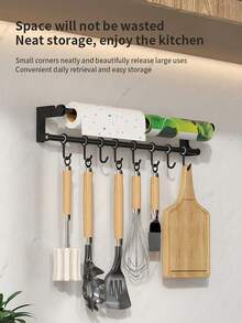 1pc Easy To Install Wall-Mounted Kitchen Utensil Organizer Rack, With Movable Hooks, Kitchenware Hooks, Drill-Free Kitchen Cling Film And Paper Towel Holder, Multi-Purpose Storage Rack, Space-Saving, Kitchen Supplies Rack