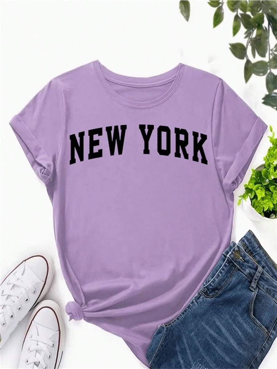 Dama mujer joven juvenil moda chopis playera cuello redondo manga corta gym suave primavera verano jardín casual viaje diseño New York - Lila Púrpura - Ver 1