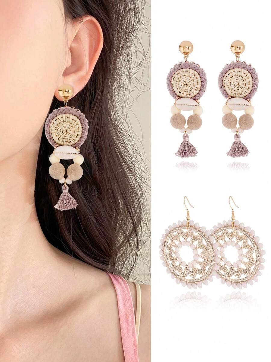 TopHanqi 1 Pair Elegant Personalized Woven Multicolor Earrings With Shell, Pearl, And Tassel, Suitable For Women Daily Wear, Party, Commute, Gifts, Versatile Season - Multicolor - View 1