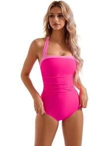 Women Sexy Tummy Control One Piece Swimsuit Halter Retro Bathing Suit - 68 Pink Color Block - View 5