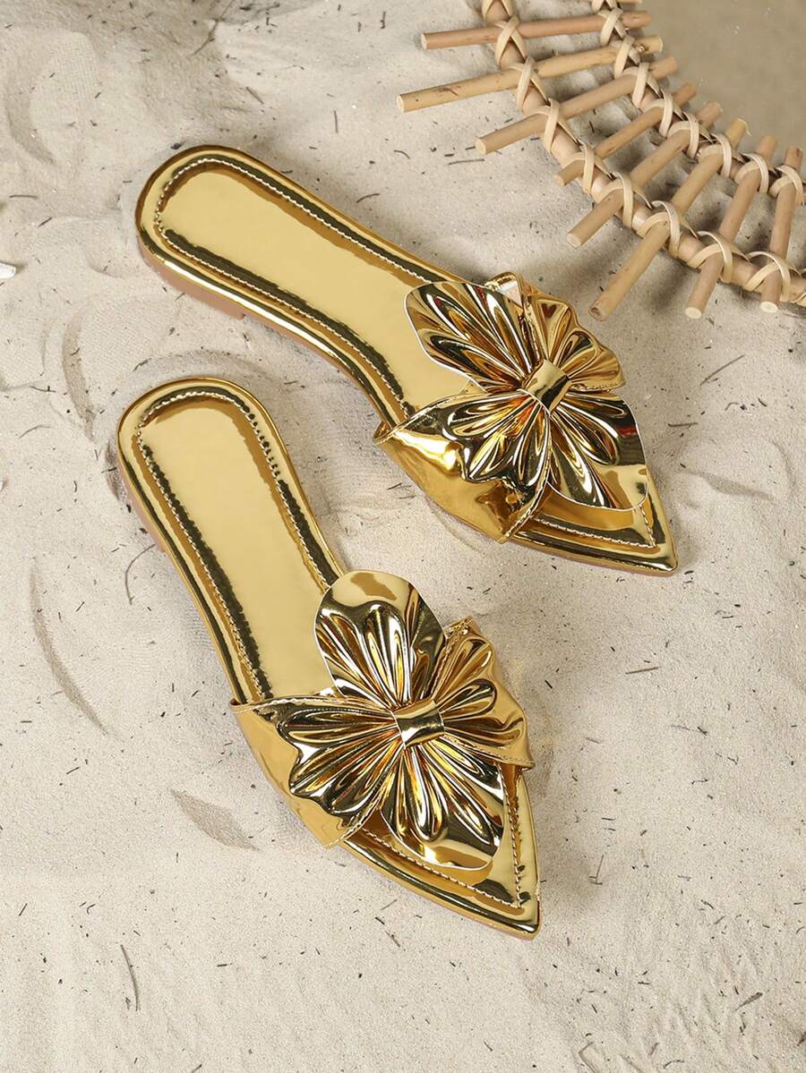 New Fashionable Women Plus Size Flat Gold Summer Sandals, Comfortable, Stylish, Sexy, Shiny Sunflower Decor, Suitable For Indoor/Outdoor, Vacation, Travel, Beach, Wedding - Gold - View 1