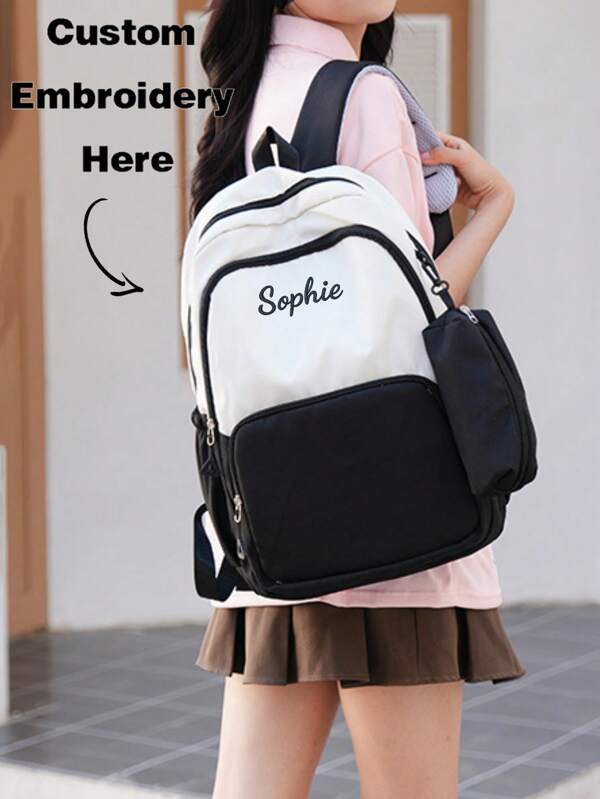 Mochila con bloqueo de color bordada a medida para niña y niño, mochila bicolor con bolsa extraíble, mochila para portátil para viajes casuales, para trabajo, escuela o fines de semana, multifuncional, ornamental, con letra, elegante, moderna, colorida, linda, adorable, casual, personalizada, única, personalizada, regalo ideal para él, regalo ideal para ella
