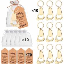 10 件婴儿洗礼礼物脚印金属钥匙扣开瓶器，配有欧根纱袋和感谢标签
