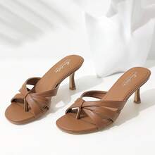 Strappy Kitten Heels For Women Round Open Toe Flip Flops Slip On Mules Heels Fashion Thong Heeled Sandals For Party Wedding Holiday - màu nâu - Xem 5