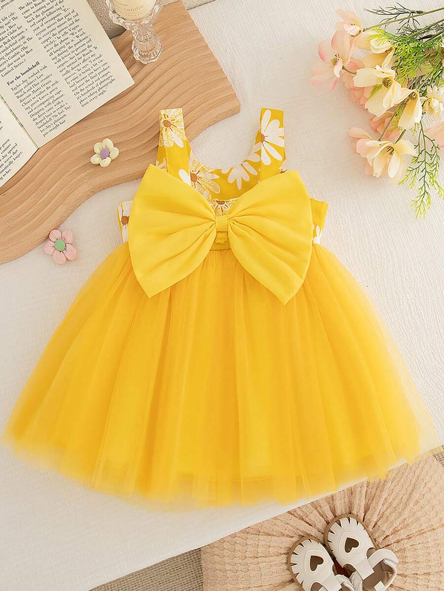 Vestido ligero sin mangas con tul y lazo en la espalda con estampado de margaritas para niñas, conjunto de fiesta de verano para niñas - Amarillo - Ver 1