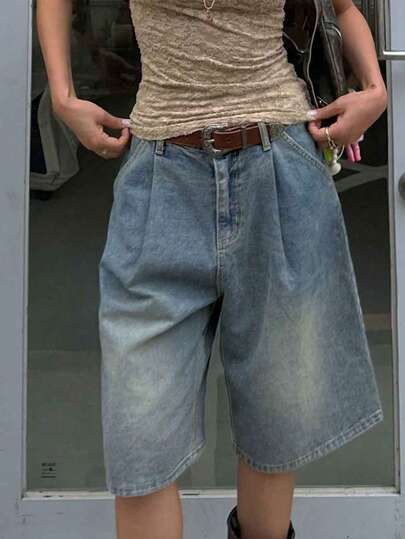 高街复古褶皱短裤女款，宽松直筒牛仔短裤（无腰带），春夏款