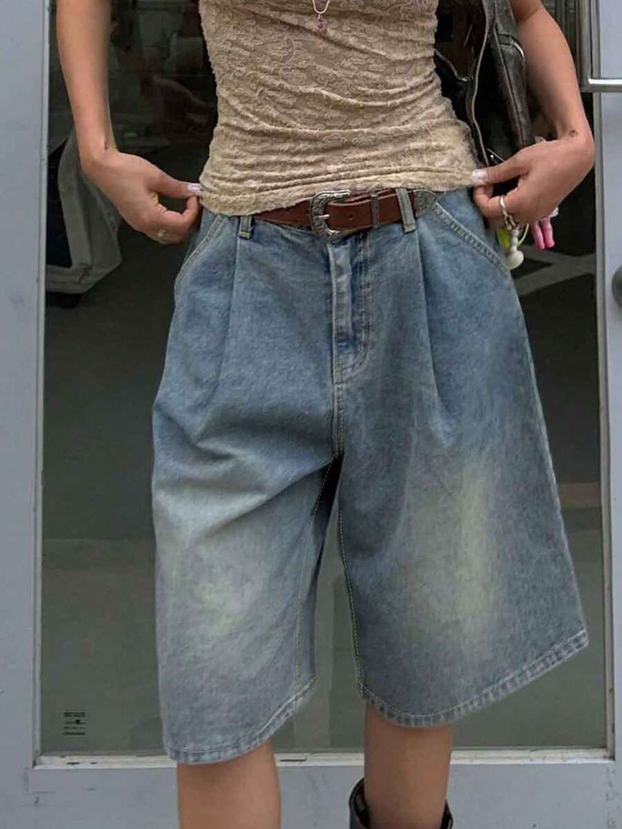 高街复古褶皱短裤女款，宽松直筒牛仔短裤（无腰带），春夏款 - 藍色 - 查看 1