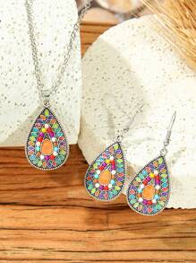 TopHanqi 3pcs Women Bohemian Vintage Jewelry Set, Geometric Teardrop Oil Drip Earrings & Beaded Pendant Necklace, Cute & Elegant, Suitable For Daily Wear, Parties, Gatherings, All Season Gift