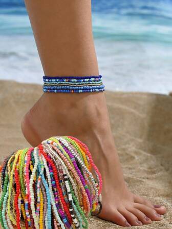 1Set Bohemian Summer Beach White/Black/Red/Yellow/Green/Pink/Coffee Beaded Ankle Bracelets, Tie-Dye Products May Have Slight Batch Variation