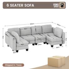Jooli H U Shaped Sofa With Storage, Fabric Sectional Modular Sofa With Upholstered Cushion And Removable Back Cushion Covers For Living Room, Grey - 6 Seater Sofa - View 6
