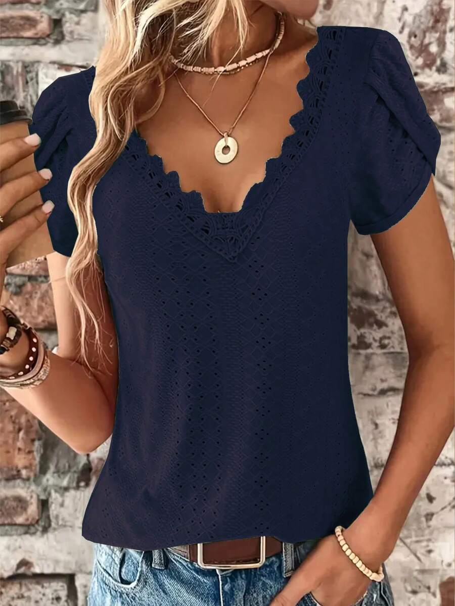 Women's Vacation Solid Color Contrast Lace Floral Petal Short Sleeve Hollow Out Blouse Summer - Navy Blue - View 1