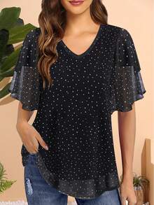 CheersLife 女士七分袖衬衫和上衣 商务正装休闲衬衫 双层网眼束腰上衣