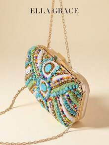 ELLA GRACE-Vintage Beaded Clutch With Colorful Stones & Detailing – Art Deco Metal Frame, Detachable Chain For Weddings/Parties/Vacations – Gift-Ready Evening Bag Or Crossbody - Multicolor - View 7
