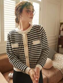 Knit Mix Elegant Women's Chic Knitted French Commuter Cardigan, Christmas Thanksgiving New Year Chic Plaid Pattern Pearl Button Front Loose Fit Sweater For Fall Winter Spring Fashion Back To School Fall Women Clothes Autumn