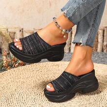 Einfache, lässige Strick-Plateausandalen mit offener Zehenpartie für Frauen, neue Keilsandalen mit dicker Sohle für Frauen, bequeme, weiche Sohle Lässig Athletic Beach Sandalen, Sommer - Schwarz - Übersicht 1