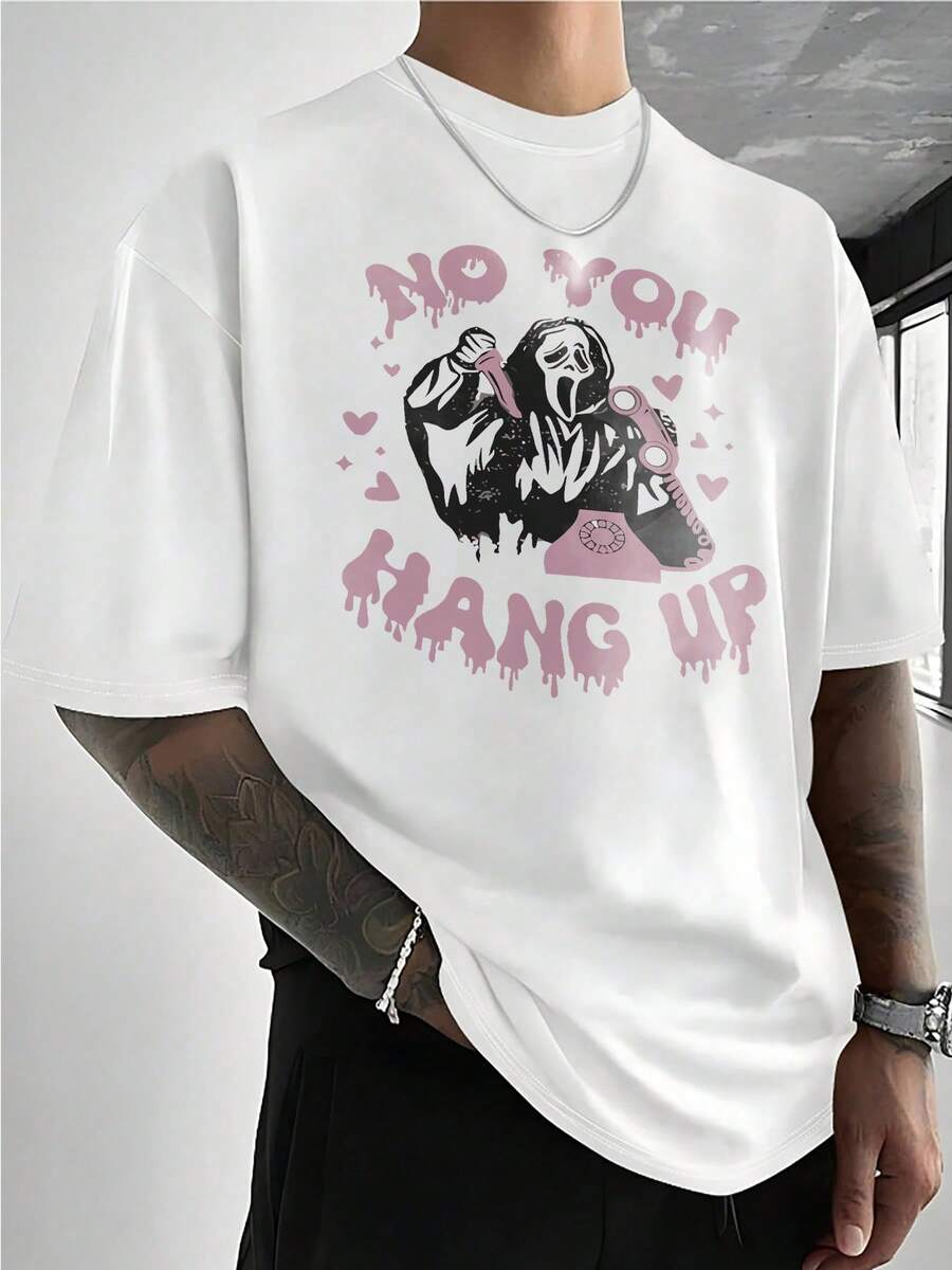 Stylish Men's TShirt With Unique No You Hang Up Dripping Text And Retro Phone Graphic Print Tee, Perfect For Casual Wear, Suitable For Young Men And Is An Ideal Gift Choice - White - View 1