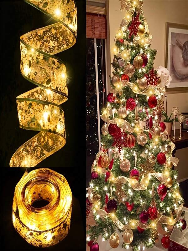 1pc Christmas Ribbon Fairy Light, Christmas Light, Christmas Ribbon Wreath, Suitable For Christmas Tree, Christmas Wreath, Christmas Tree Decorations, Indoor Party Decor, Battery Not Included