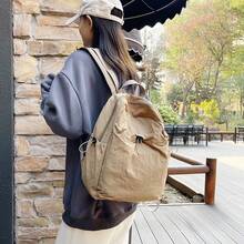 Solid Color Pleated Nylon Backpack Lightweight Casual Travel Backpack Female College Student Computer Bag - Khaki - View 2
