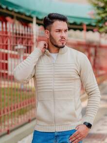Men's Winter Coat Wool Knit Men's Jacket With Pocket And Zipper - Beige - View 2