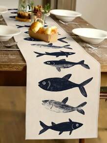 1pc Fish Pattern Table Runner, Modern Style, Faux Linen Material, Available In 33*91cm, 33*183cm Or 33*274cm Sizes, Ocean Theme Home Decor Indoor/Outdoor Party Supplies, Birthday Party Decorations, Room Decor. Suitable For Kitchen Decoration And Event Parties.