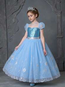 小女孩蓝色渐变亮片网眼公主裙，带可拆卸裙裾，适合派对