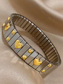 1pc Gold Heart-Shaped Bracelet, Elastic Stainless Steel Bracelet, Women's Silver Bangle, Suitable For Daily Wear, Parties, Weddings, Birthdays, Can Be Used As Jewelry Gift - Silver - View 6