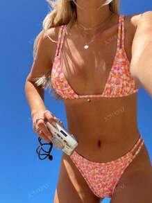 Nouveau bikini réglable à encolure ras-du-cou en tissu doux à motif floral, maillot de bain pour femmes pour l'été et la plage