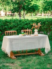 1 Pc Solid Color Four Leaf Clover Tassel Tablecloth, Rectangular Hollow Atmosphere Table Cloth, Suitable For Wedding, Holiday Gathering, Daily Home Use And Other Table Decor Textile