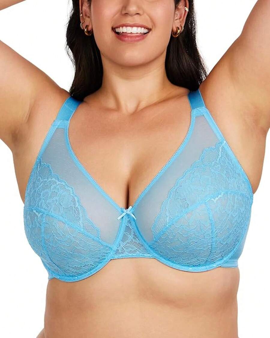 Minimizer Bras Women Full Coverage Underwire Bras Plus Size Lifting Lace Bra Heavy Breast - Pastel Blue - View 1