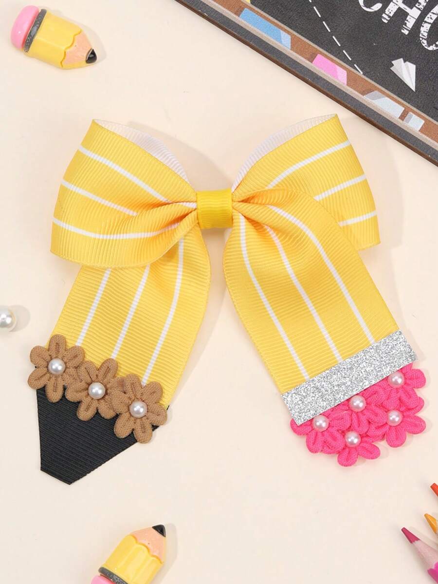 1pc Girl's Back-To-School Hair Bow Clip – Yellow Pencil Striped Print Hairpins,Rose Pink & Coffee Color Floral Decor Hair Bows With Faux Pearls Charms, Funny Pencil Design – Vintage Preppy Style Hair Accessories For School Season