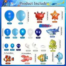 144 件海洋主题气球花环拱门套装，包括螃蟹、海星、海马、鲨鱼、小丑鱼、小龙虾、章鱼铝箔气球和蓝色等乳胶气球，非常适合生日派对装饰、装饰背景、淋浴装饰、卡通海洋世界主题派对用品 - 彩色 - 查看 6