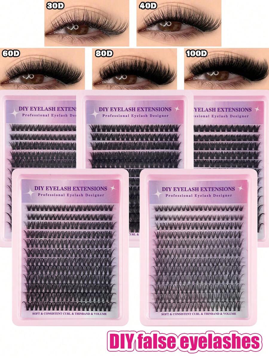 240/216/192 Bundles, 12 Rows, 30/40/60/80/100 Strands Per Row, Natural Mink Fur Cluster Eyelashes, 8-16mm Mixed Length, 3D Russian Volume Individual Lashes, Black, Hot Melt Glue Fan Packaging, Suitable For DIY At Home - 彩色 - 查看 1