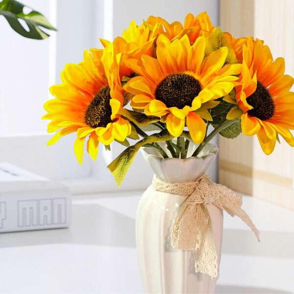 6 piezas de flores artificiales de girasol, ramas de girasoles realistas, ramo de flores de seda falsas para manualidades, decoración del hogar, interiores/exteriores, decoraciones de boda, fiesta, regalo de inauguración de nueva casa, decoración central de mesa