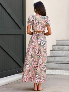 2pcs/Set Women All-Over Print Twist Front Crop Top With Bubble Short Sleeves & Mini Skirt - Multicolor - View 5