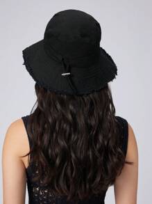 1pc Women's Spring Summer Autumn Solid Color Fringe Drawstring Bucket Hat, Large Brim For Sun Protection, Adjustable Headband, Fashion Accessory