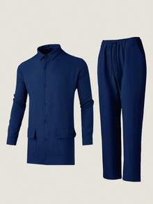 2 件套男士 Dashiki，经典休闲衬衫，长袖，领子，纽扣，口袋，前开衩下摆，松紧腰裤，街头潮流，适合聚会、约会、婚礼、文化活动、传统仪式 - 藍色 - 查看 3