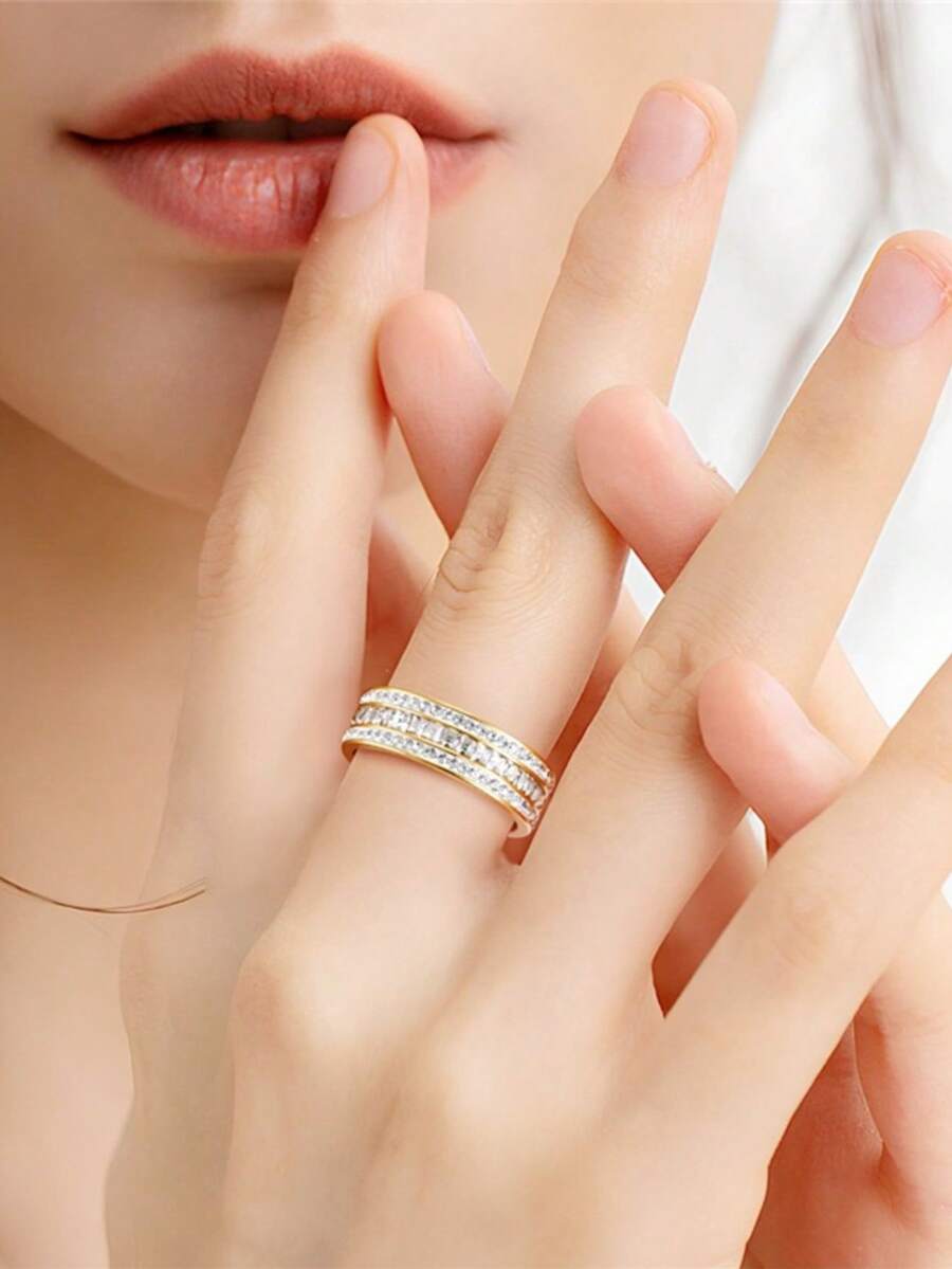 1 chiếc nhẫn thép titan Cubic Zirconia khảm siêu nhỏ của Hàn Quốc dành cho nữ, nhẫn đính đá thời trang cho cặp đôi