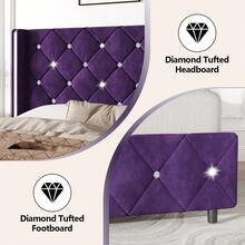 Queen Bed Frame With Headboard, Velvet Upholstered Bed With Wingback And Diamond Tufted Design, Wood Slat Support,  Modern Bed Frame, Twin Bed Frames/ Full Size Bed Frame/ Queen Bed Frame/ King Size Bed Frame Black/Pink/White/Blue/Green/Purle - 紫色 - 查看 4