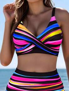 3-Piece Colorful Striped Women's Bikini Set, Essential For Spring/Summer: Includes 1 Halter Neck Crop Top, 1 High-Waisted Bikini Bottom, And 1 Beach Skirt. This High-Waisted, Padded Swimsuit Features Vibrant Neon Stripes, Making It The Perfect Choice For Summer; Sexy Beach Outfit; Holiday Beach Attire; Women's Summer Holiday Backless Style, Suitable For Valentine's Day And New Year Holidays. - Hot Pink - View 3