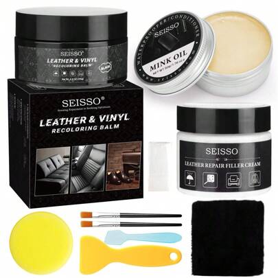 SEISSO SEISSO Leather Repair Kit For Furniture, Black Vinyl Repair Kit With Mink Oil, Car Interior Leather Recoloring Balm For Scratches, Fading Shoes, Car Seat, Sofa