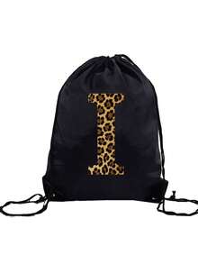 1 件 A-Z 豹纹字母印花儿童户外运动背包、足球背包、篮球背包、轻便抽绳包，适合男孩和女孩 - 黑色 - 查看 15