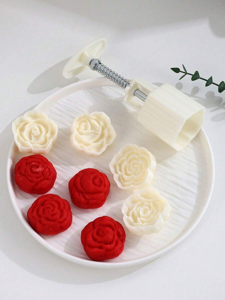 4-In-1 Rose Shaped Mooncake Mold Setwith Press Tool- Romantic Baking Kit FolValentine's Dates,Dly Home Dessert &Asian Festiva Cooking