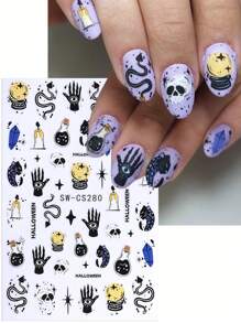 Pegatinas de uñas de 3D Halloween con gato negro, fantasma, serpiente, huesos de mano, pétalos de margarita, líneas de graffiti irregulares, setas, ojo malvado, lágrimas del diablo - 5 piezas - Decoración de manicura para salón - Suministros de uñas para autoadhesivo de esmalte de gel - Diseños otoñales e invernales Y2K