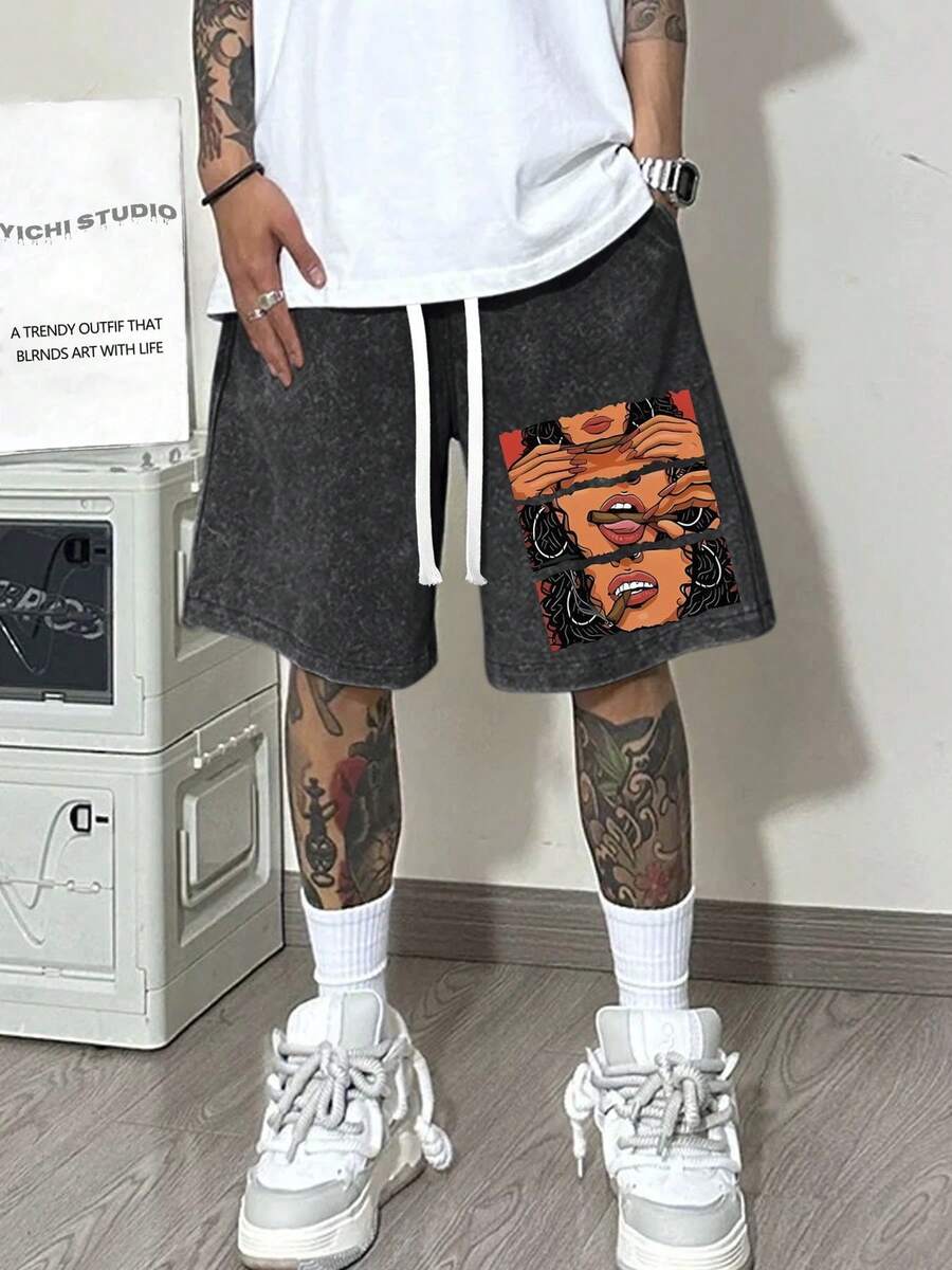 290g Washed Shorts Smoking Themed Summer Men's Retro Washed Casual Street Sports Shorts, Comfortable And Breathable, Suitable For Daily Wear, Adjustable Drawstring Waist Circumference, Elastic Waistband And Pocket - Black - View 1
