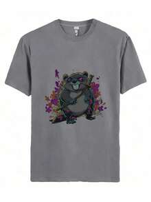 Cartoon Beaver Holding A Katana In A Playful Pose Surrounded By Colorful Flowers - 灰色 - 查看 1