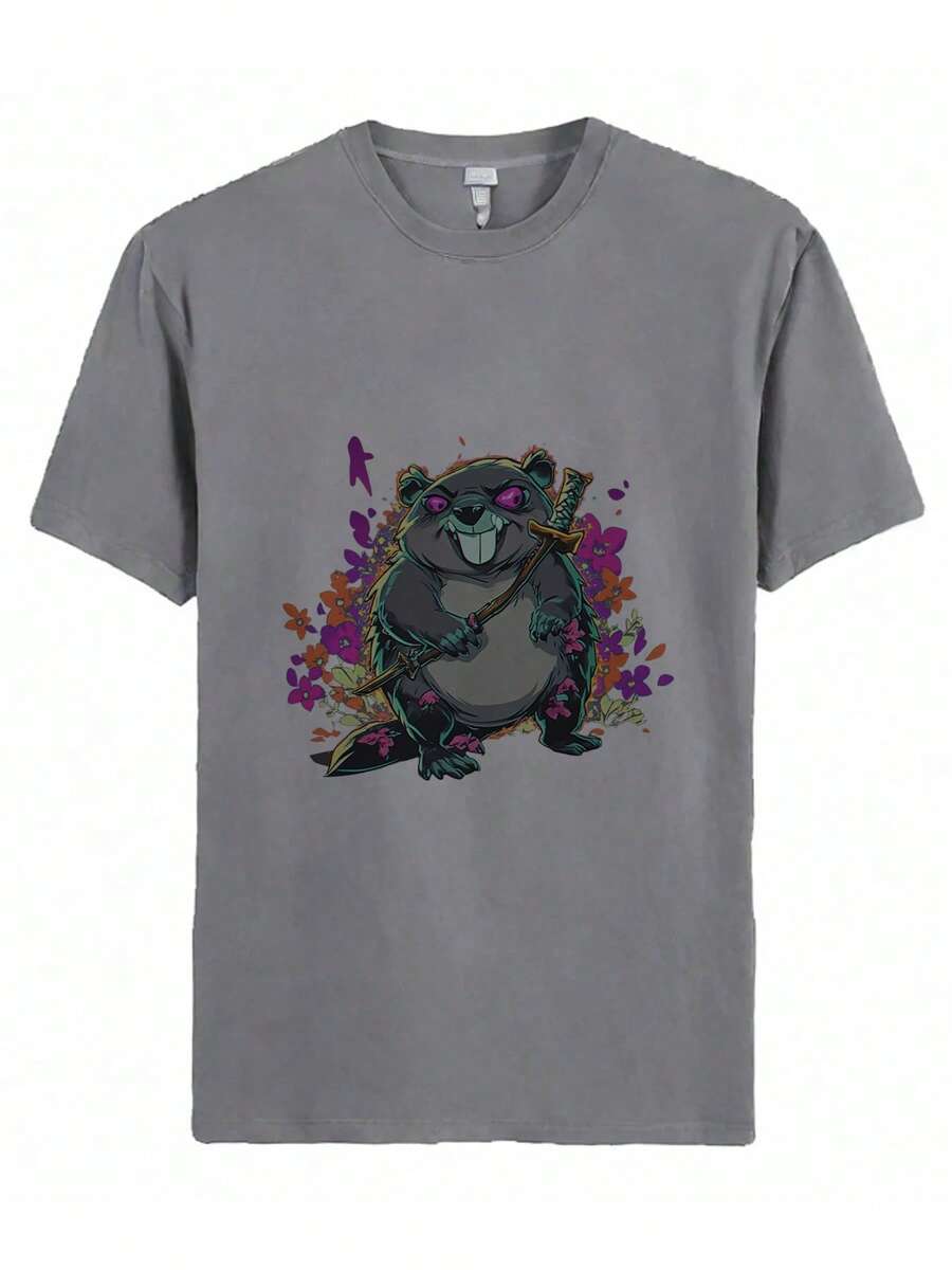Cartoon Beaver Holding A Katana In A Playful Pose Surrounded By Colorful Flowers - 灰色 - 查看 1