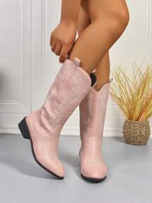 1 Pair Women Elegant Fashion Slip-On Embroidered Western Boots, High Heel Embroidered Western Boots, Stylish Embroidered Cowboy Boots, Slip-On Mid-Calf Flat Boots For Autumn/Winter