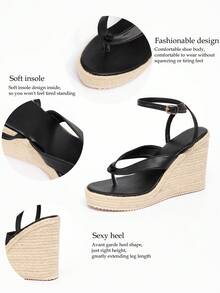 Women's Thick Platform Wedge Sandals, Rope Decor Peep Toe Ankle Strap High Heels, Fashion Vacation Style Block Heel Slip-On Shoes, Black - Black - View 6