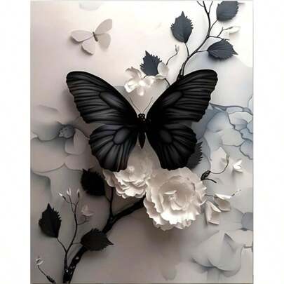 Kit de pintura de diamantes 5D elegante con mariposa negra y flores blancas, mosaico de diamantes de 12" X 16" de forma redonda completa, excelente para decoración del hogar y arte de pared - Marco no incluido